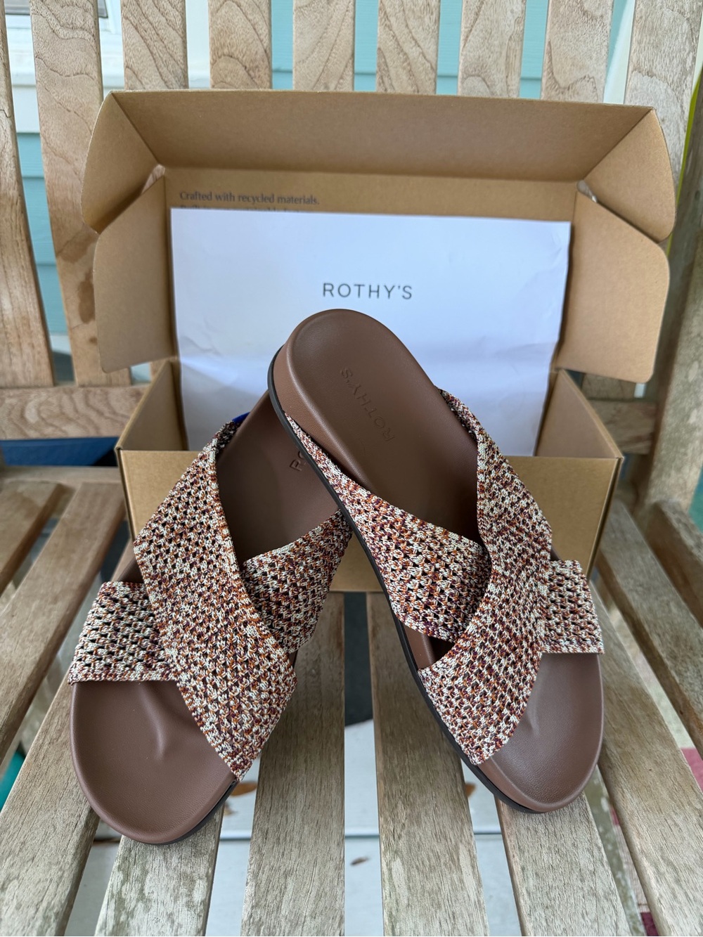 Rothy's Women's The Weekend Brown Multi Weave Crisscross Slide Sandals